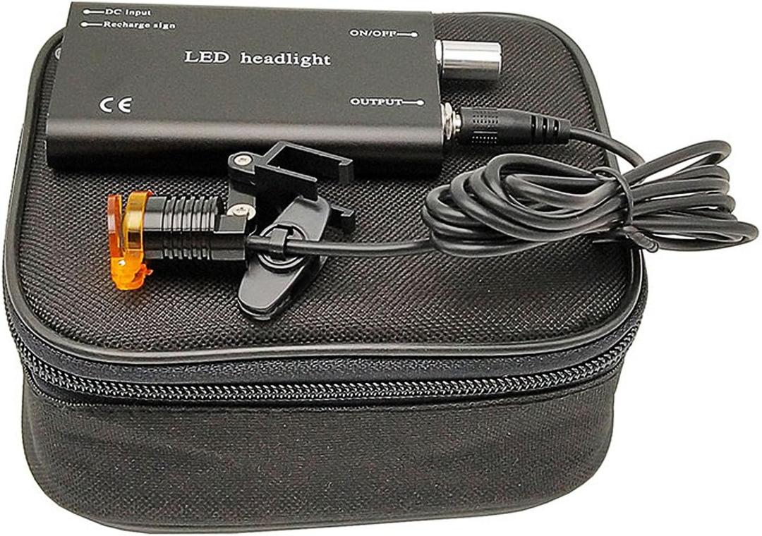 5W Rechargeable Black Dental LED Headlight with Blue-Light Filter  Headlamp for Surgical & Dental Loupes, Universal Glasses Clip + Cable Looper, Aluminum Battery Pack