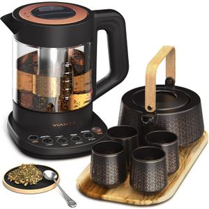 Viant Luxury Tea Set. Electric Kettle with Infuser for Loose Leaf And Ceramic Serving Set. Teapot and Cup Set with Wooden Tray. Excellent Gift Idea For Tea Lovers.