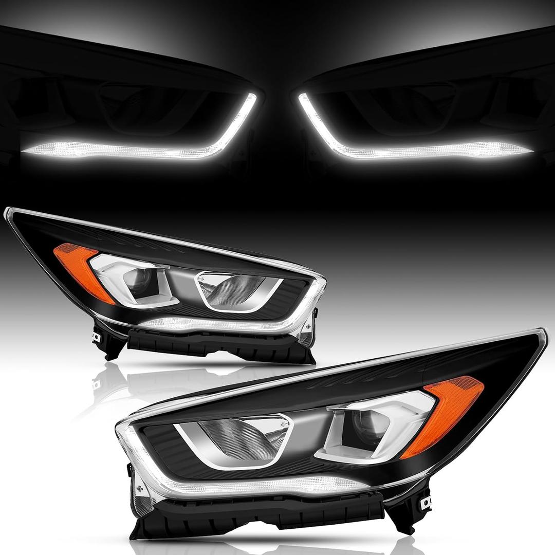Headlights Assembly compatible with 2017 2018 2019 Ford Escape Halogen Type Projector Headlamp w/LED DRL Driver + Passenger, Black Housing
