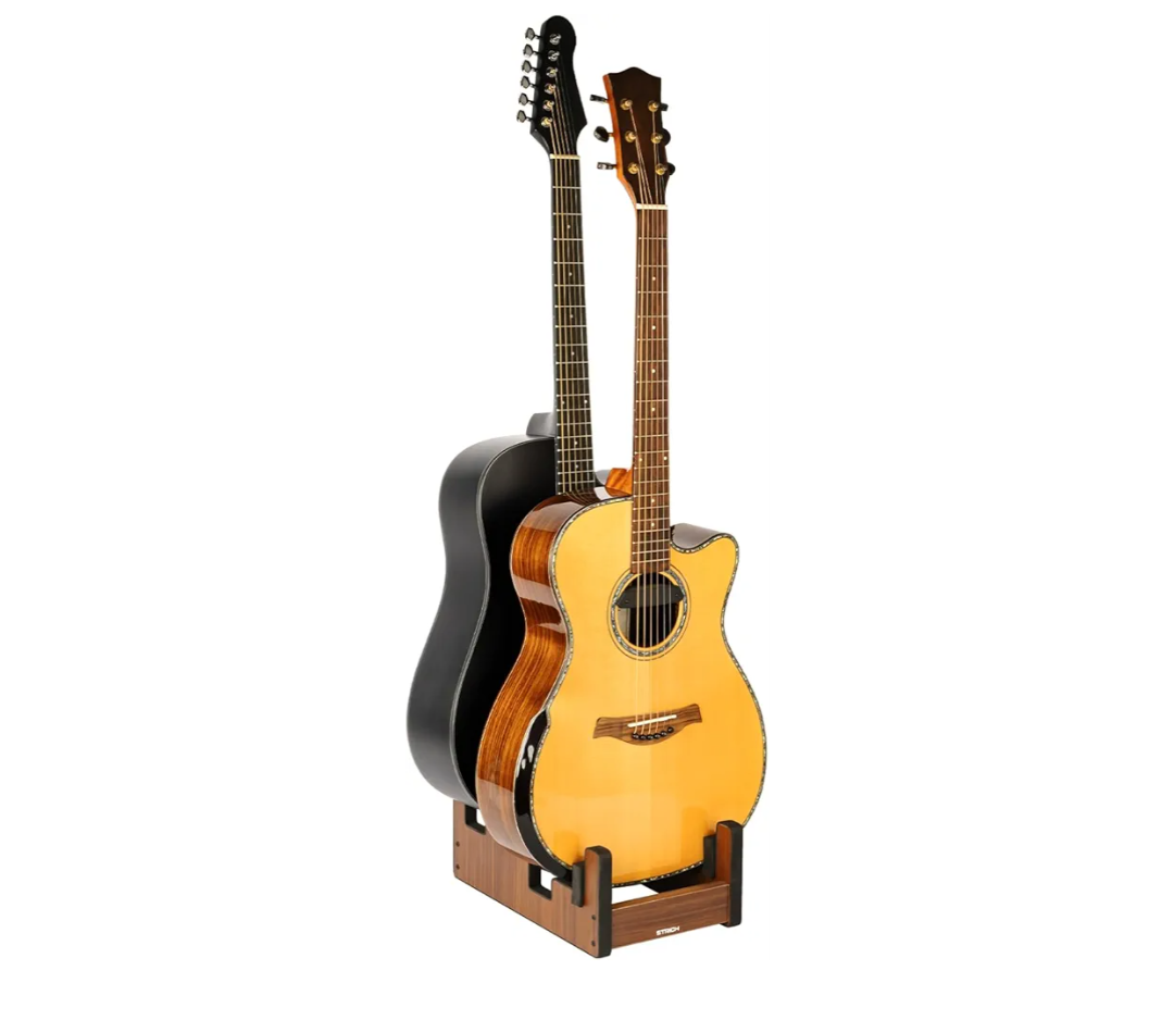 STRICH Wooden Guitar Stand for Multiple Guitars, 2-Holder, Front Display Space-Saving Floor Guitar Rack for Home, Studio, Stage, Walnut Color, L-2AW (For 2 Acoustic)