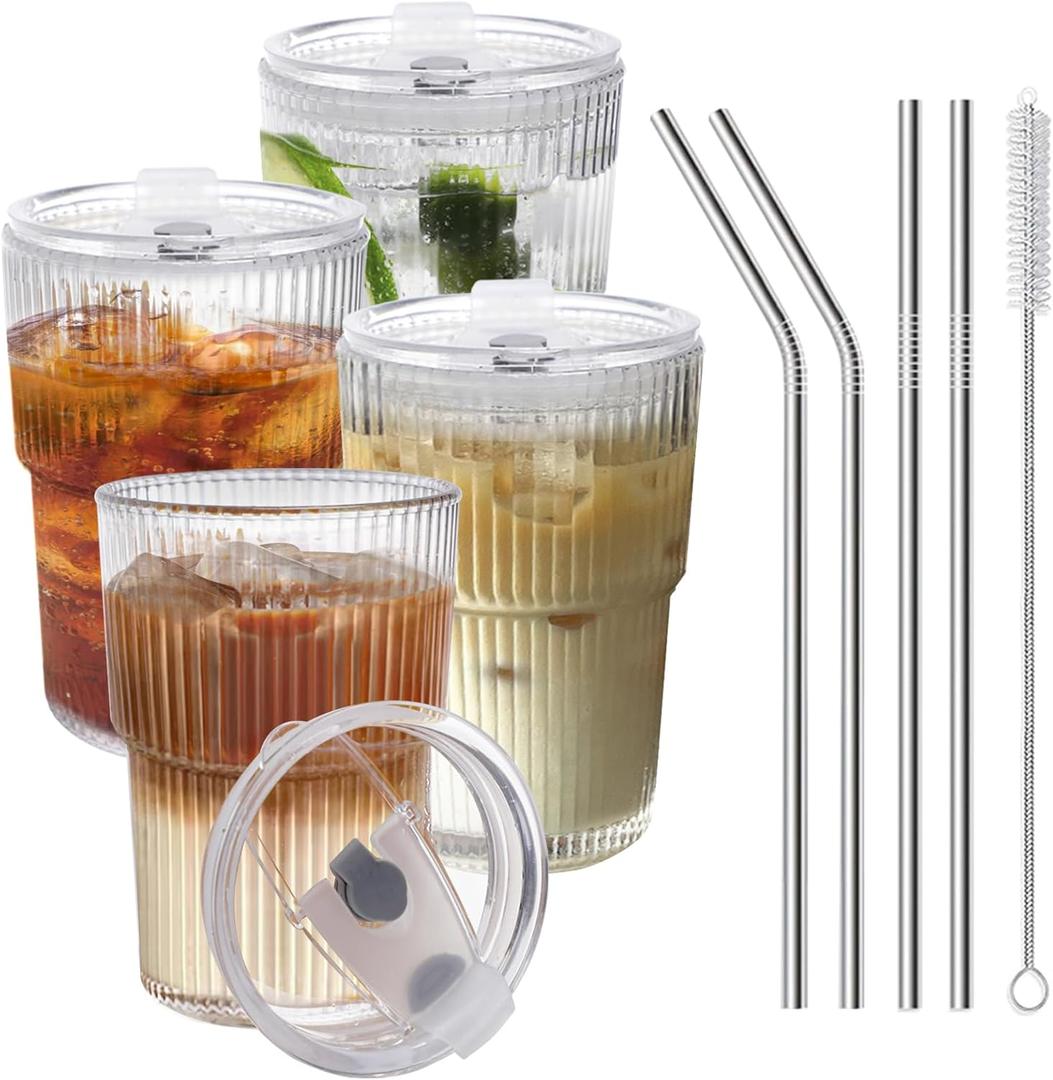 Iced Coffee Cups With Lids and Straws 4 Pcs, 16 OZ Unbreakable Glasses Drinking Set,Clear Plastic Cups Reusable Iced Coffee Tumbler with Lid and Straw, To Go Coffee Cups Dishwasher Safe