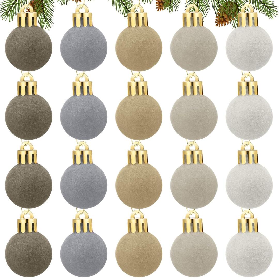 Lenwen 54 Pcs Multicolor Velvet Christmas Balls Ornaments Bulk 1.18 Inch Mini Neutral Flocked Christmas Tree Decoration Small Plastic Rustic Farmhouse Xmas Hanging Ornament for Tree Home Kitchen Decor
