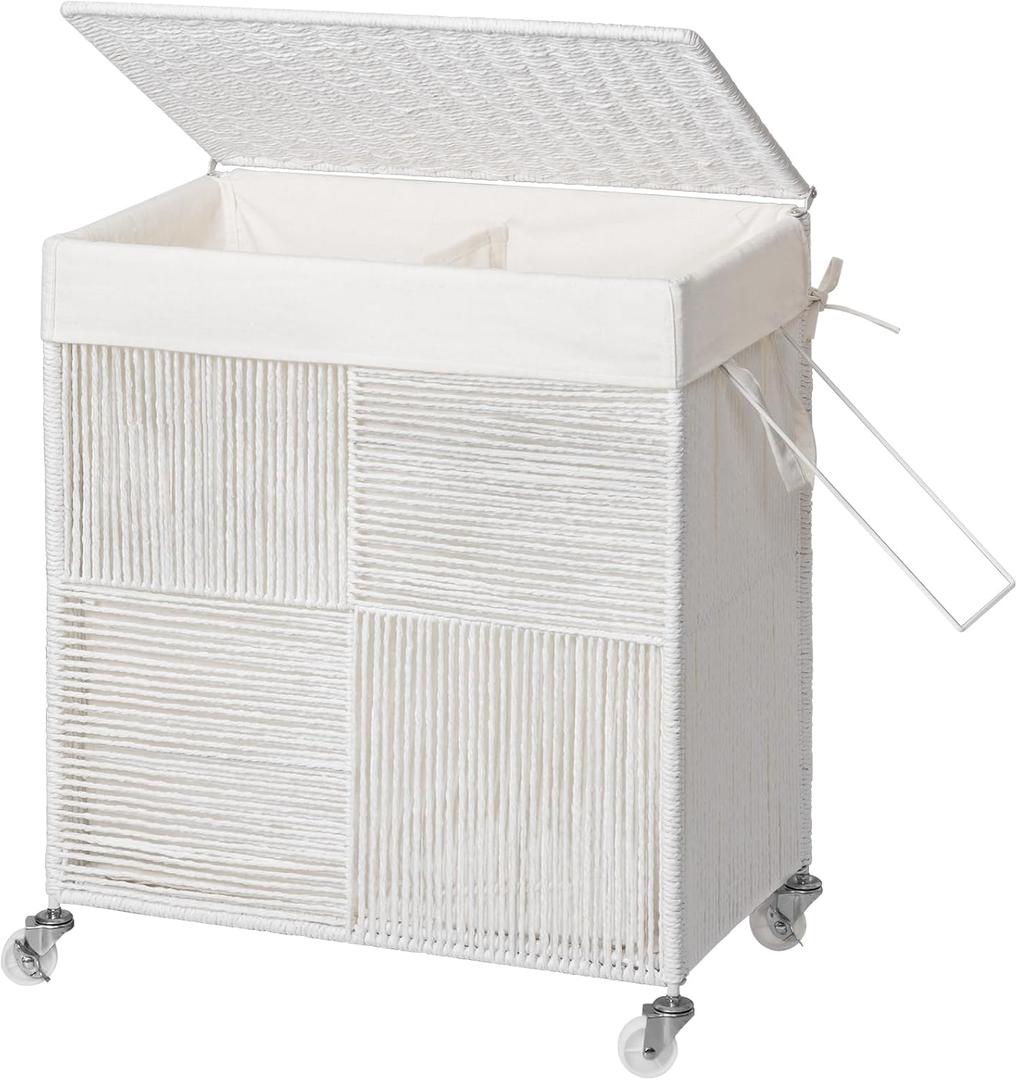 WOWLIVE Double Laundry Hamper with Lid, Handwoven Rolling Laundry Basket with Wheels, 115L Dirty Clothes Hamper with Removable Liner Bag Large Capacity Laundry Sorter Laundry Room Organization,White