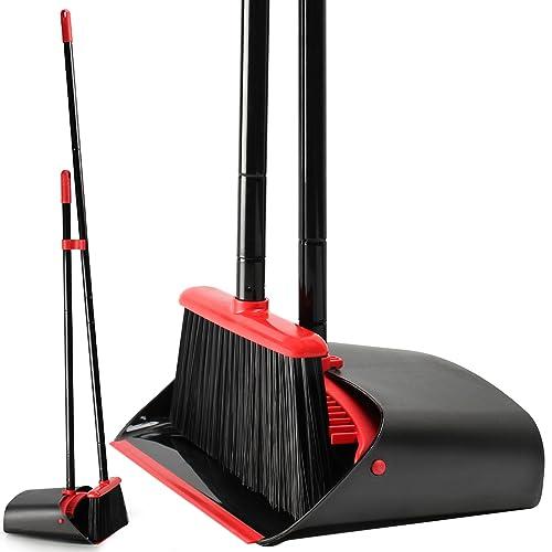 TreeLen Dust Pan and Broom/Dustpan Cleans Broom Combo with 52" Long Handle for Home Kitchen Room Office Lobby Floor Use Upright Stand Up Broom and Dustpan Set - Black/Red