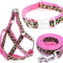 Mile High Life Leopard Dog Harness Collar Leash Set, Adjustable No Pull Dog Halter Harness for Small Breed Dogs, Easy Control for Training Walking (Pink, M Chest 15"-21", Neck 13"-17")