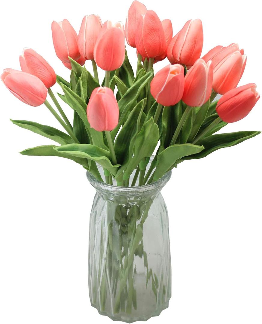 10-Heads Artificial Flowers PU Mini Real Touch Tulip Bouquets (Gradient Coral)