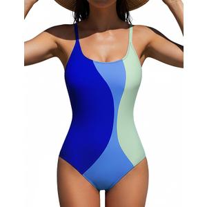BMJL Womens One Piece Swimsuit Sports Full Coverage Bathing Suit Color Block Slimming Tummy Control Swimming Suits (M)