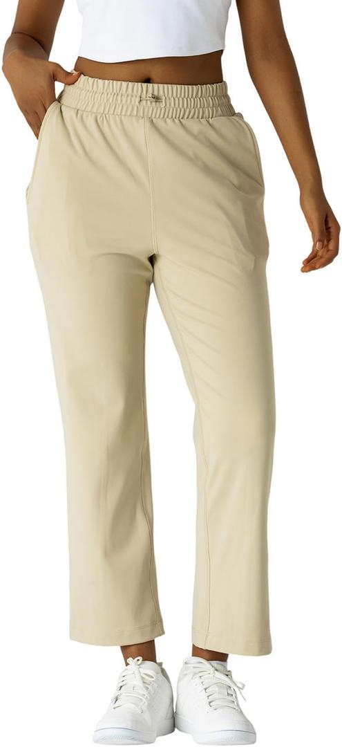 Women's Moisture-Wicking Crop Flare Pants - Shockcord Waist, Compressive Fabric & Side Pockets | Yoga,Fitness,Daily Use (Large, Brown Rice)
