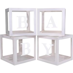 Baby Boxes with 4 PCS Letters for Baby Shower White Clear Balloon Box Blocks Gender Reveal Decorations and Birthday Party (White)