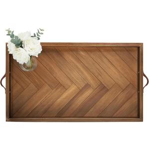 Extra Large Ottoman Tray Rectangle, 32.5"x18.5" Wooden Ottoman Trays with Leather Handles, Rustic Decorative Storage Tray for Ottoman