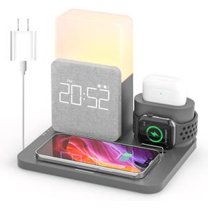 Wireless Charging Station, iPhone 3 in 1 Fast 15W Wireless Charger with Alarm Clock and Night Light, Charging Dock for iPhone 12/13/14/15/16/17 Pro/Pro Max, Samsung, AirPods (Gray)
