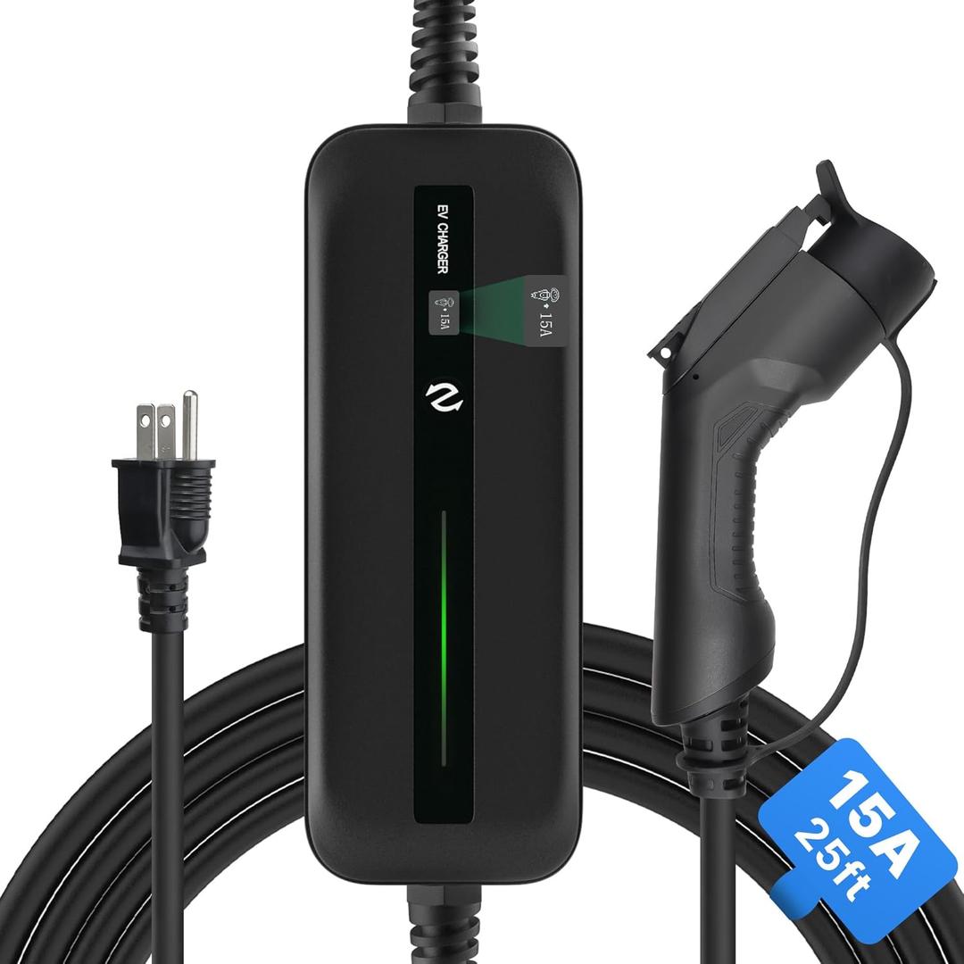 Level 1 EV Charger, Portable EV Charger with 25ft Extension Cable, Nema 5-15 Plug 110V 15A, for SAE J1772 EVS and PHEVS (Black)