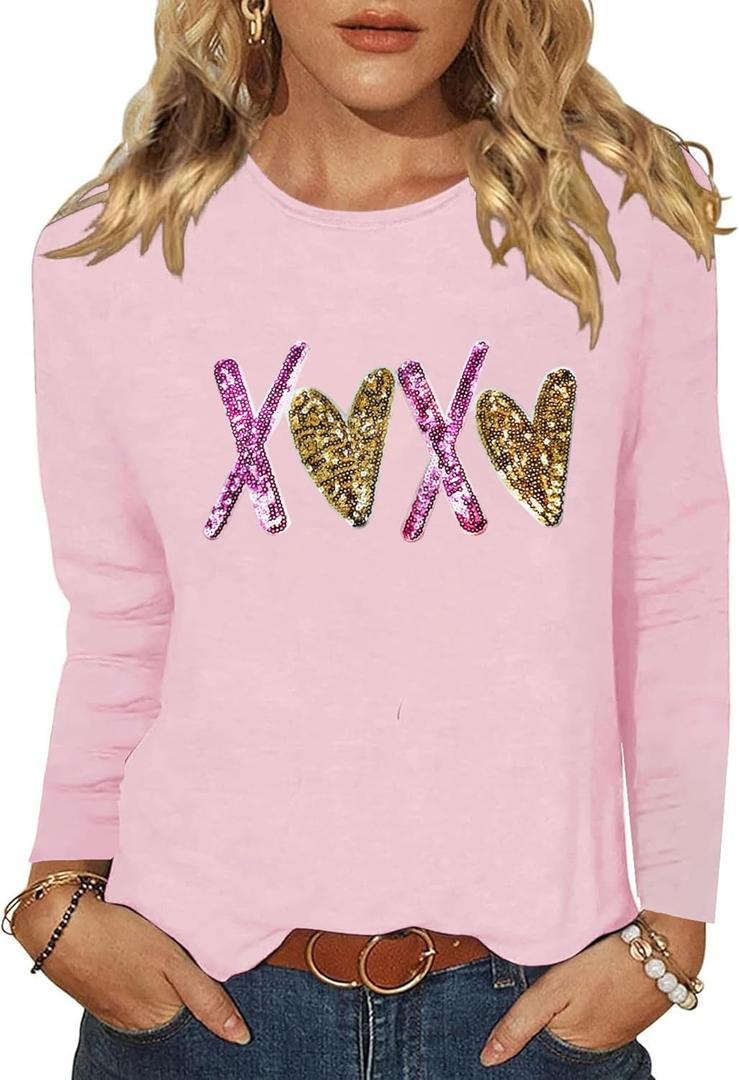 Valentines Day Shirts for Women XOXO Heart Graphic Tshirt Valentine Gifts Long Sleeve Tee Tops (Pink, L)