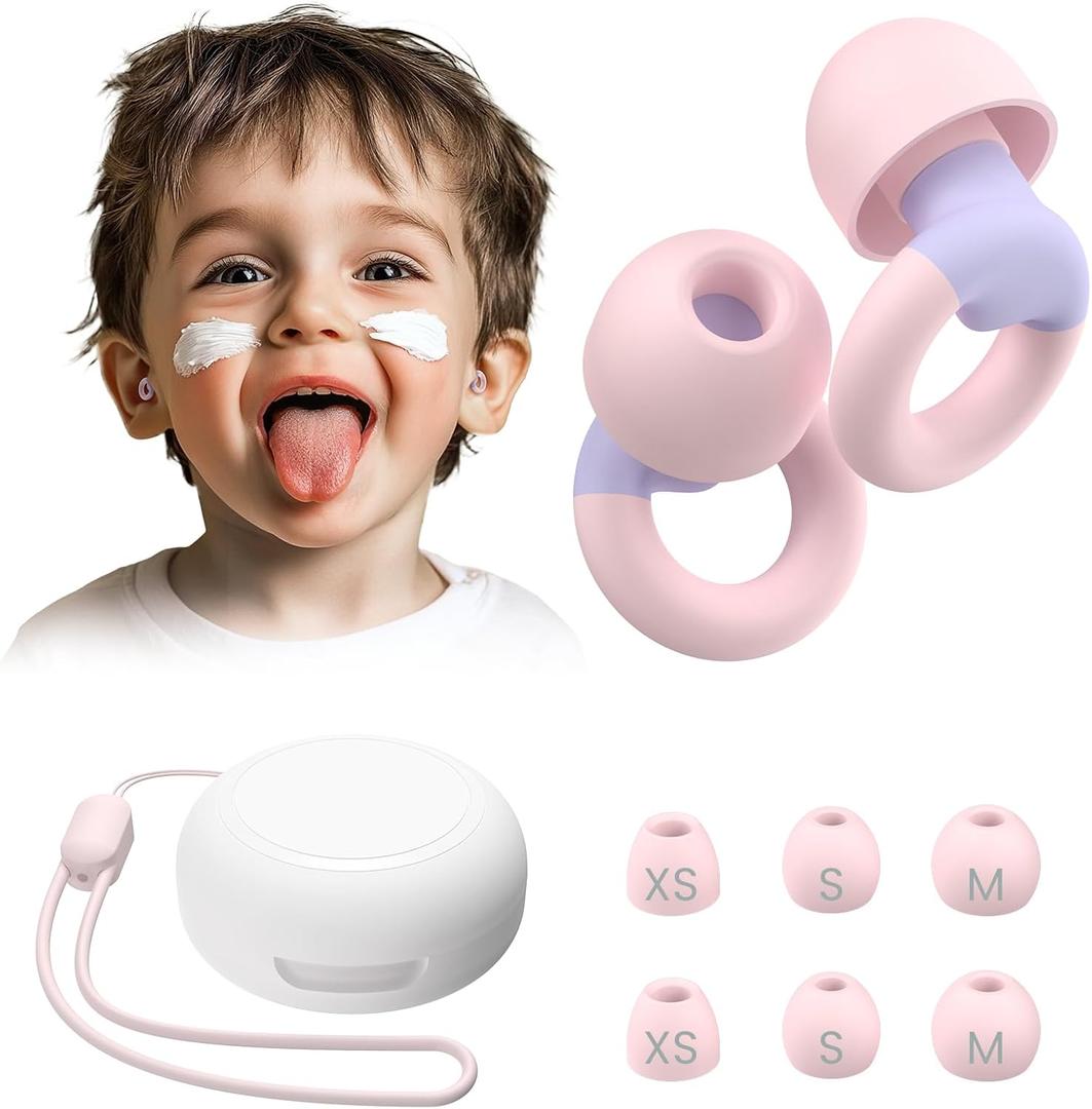 Kids Ear Plugs(6+yrs)-2 Pairs of Reusable Noise Reduction Earplugs for Small Canal With 6 Tips,Soft Silicone Earplugs for Sleeping,Focus,Travel,Socializing,Concert&Hearing Protection 25dB-30dB (1 pair (Pack of 1), Pink+orchid)