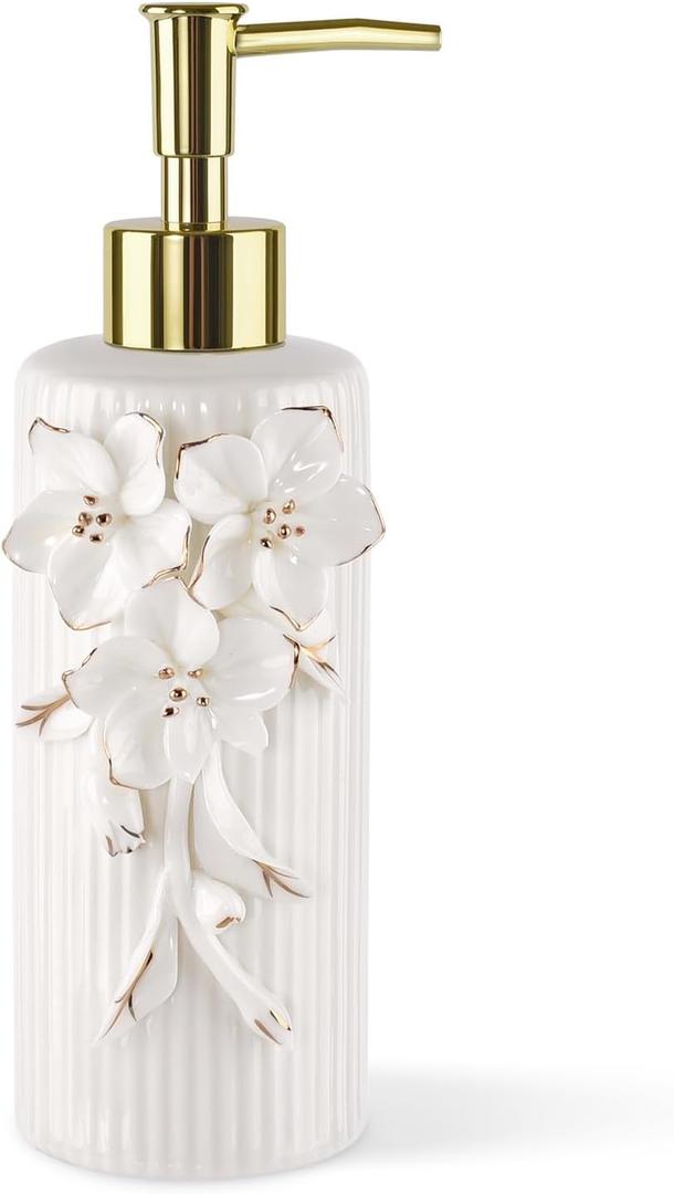Handmade Ceramic Flower Soap Pump Dispenser Hand Lotion Liquid Dispenser Refillable for Kitchen and Bathroom Decorative (Flower Gold)