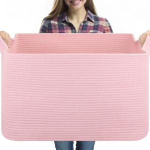 95L Extra Large Blanket Basket, 24" x 16.9" x 14.2" Woven Storage Basket for Living Room, Rectangle Nursery Blanket Storage for Toys, Towels, Dirty Clothes (Pink)