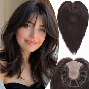 HAIRCUBE 100% Human Hair Topper for Women 7 * 7 Inches Large Coverage Natural Black Hair Topper with Bangs for Women with Thinninghair Cover Gray Roots