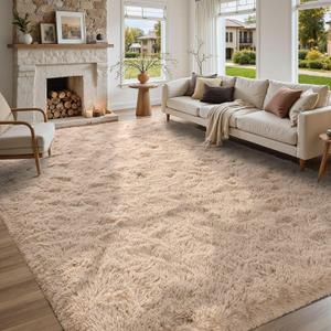 5x7 Living Room Rugs Fluffy Neutral Beige Area Rug，Modern Plush NonSlip Soft Bedroom Shag Carpet for Book Room Office,Coffee Stain Resistant
