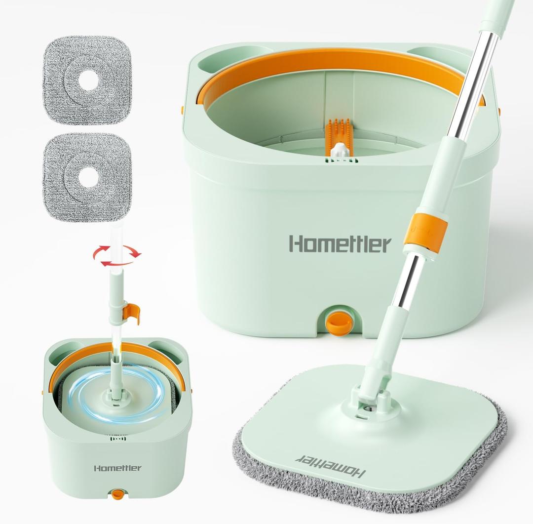 Spin Mop and Bucket with 2 Microfibra Replaceable Mop Pads, Self Separation Dirty and Clean Water System Self Wringing 360 Rotating Square Mop-Head (1 Bucket + 52'' Mop + 2 Microfibra Pads)