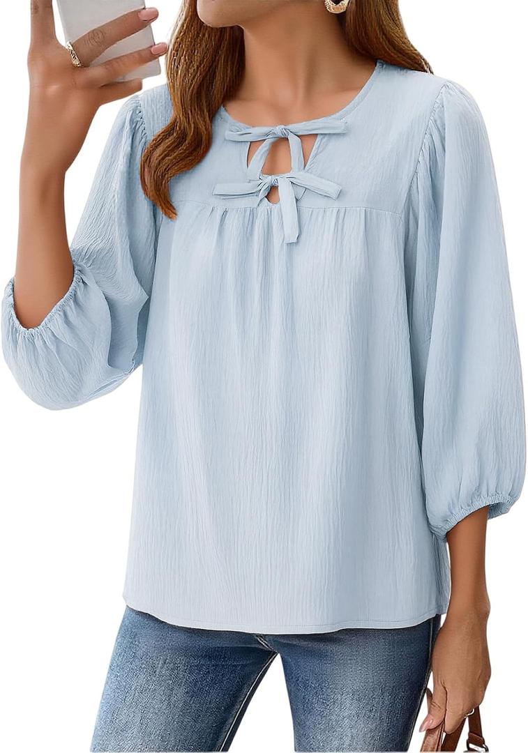 Womens Tops 3/4 Puff Sleeve Bow Tie Front Spring Easter Shirts Dressy Casual Elegant Flowy Loose Babydoll Blouses (Blue, L)