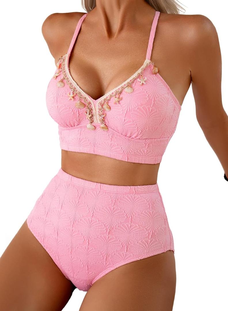 Herseas Women's Seashell Textured Bikini Sets Stitching Ribbon Shell Decoration Swimsuits High Waisted Bathing Suits (Baby Pink)