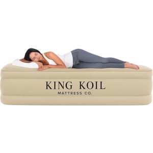 King Koil Luxury Built-in Pillow Top Queen Air Mattress with Built-in High-Speed Pump Best for Home, Camping, Guests, 20" Queen Size Double High Airbed, Blow Up Mattress, Waterproof, (Beige)
