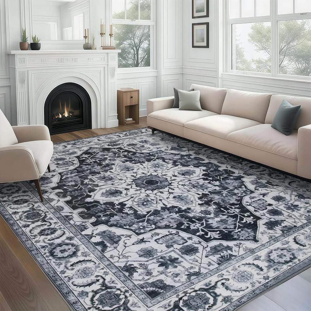 WILLSUN Washable Area Rugs, 8x10 Non-Slip Boho Large Area Rugs for Living Room, Bedroom, Machine Washable Vintage Rug, Indoor Floral Print Carpet for Home Decor, Kid & Pet Friendly Mat (Grey)