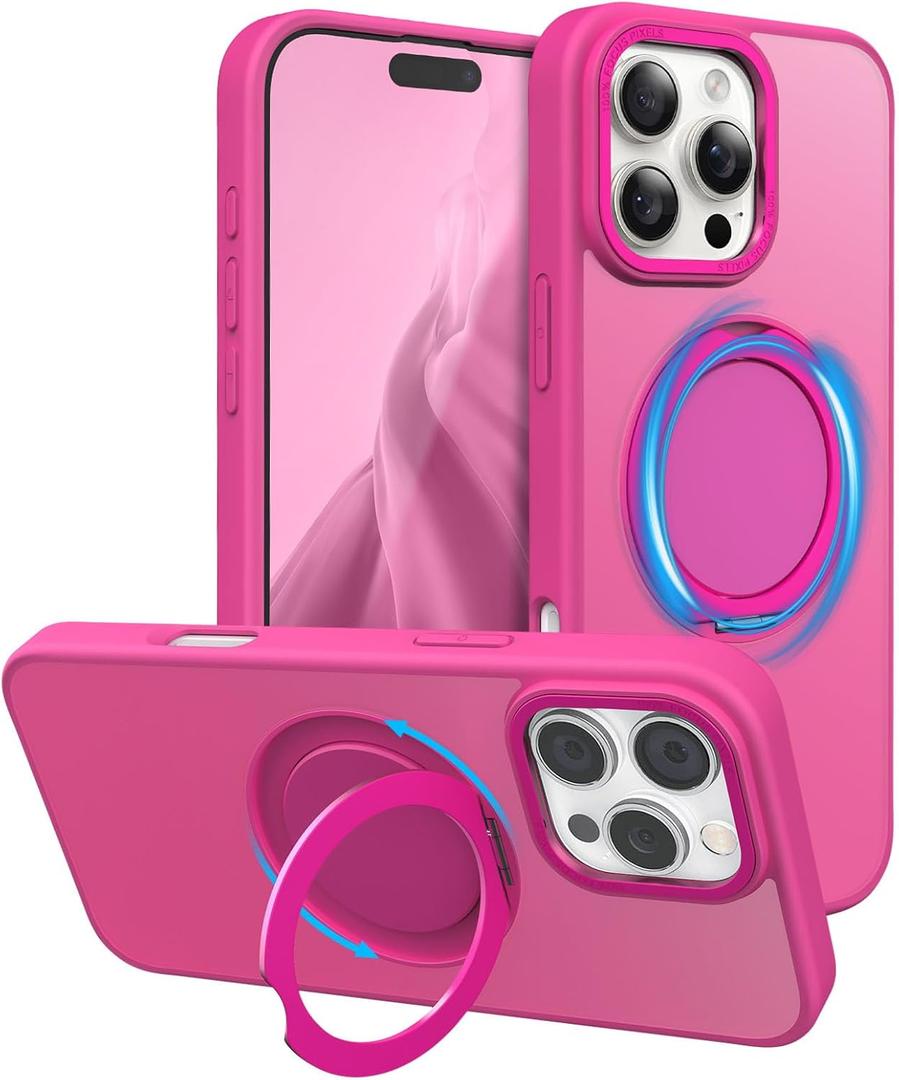 2 x MAXCURY 360 Ring Stand Magnetic for iPhone 16 Pro Max Case, [Anti-Fingerprint] [Military Drop Protection] [Compatible with MagSafe] Soft Edge Translucent Slim Back 16 ProMax Phone Case (Rose)