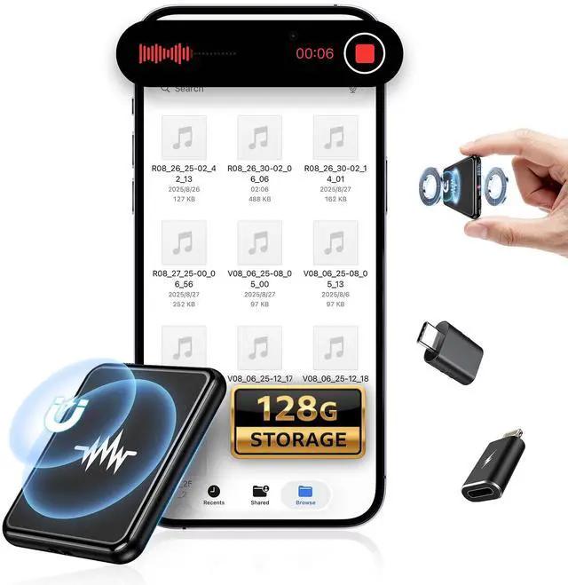 128G (9800 Hour) Voice Activated Recorder, DoubleSided Magnetic Voice Recorder with Playback, Audio Recorder with AIIntelligent Noise Reduction, 70H Continuous for Lectures, Meetings