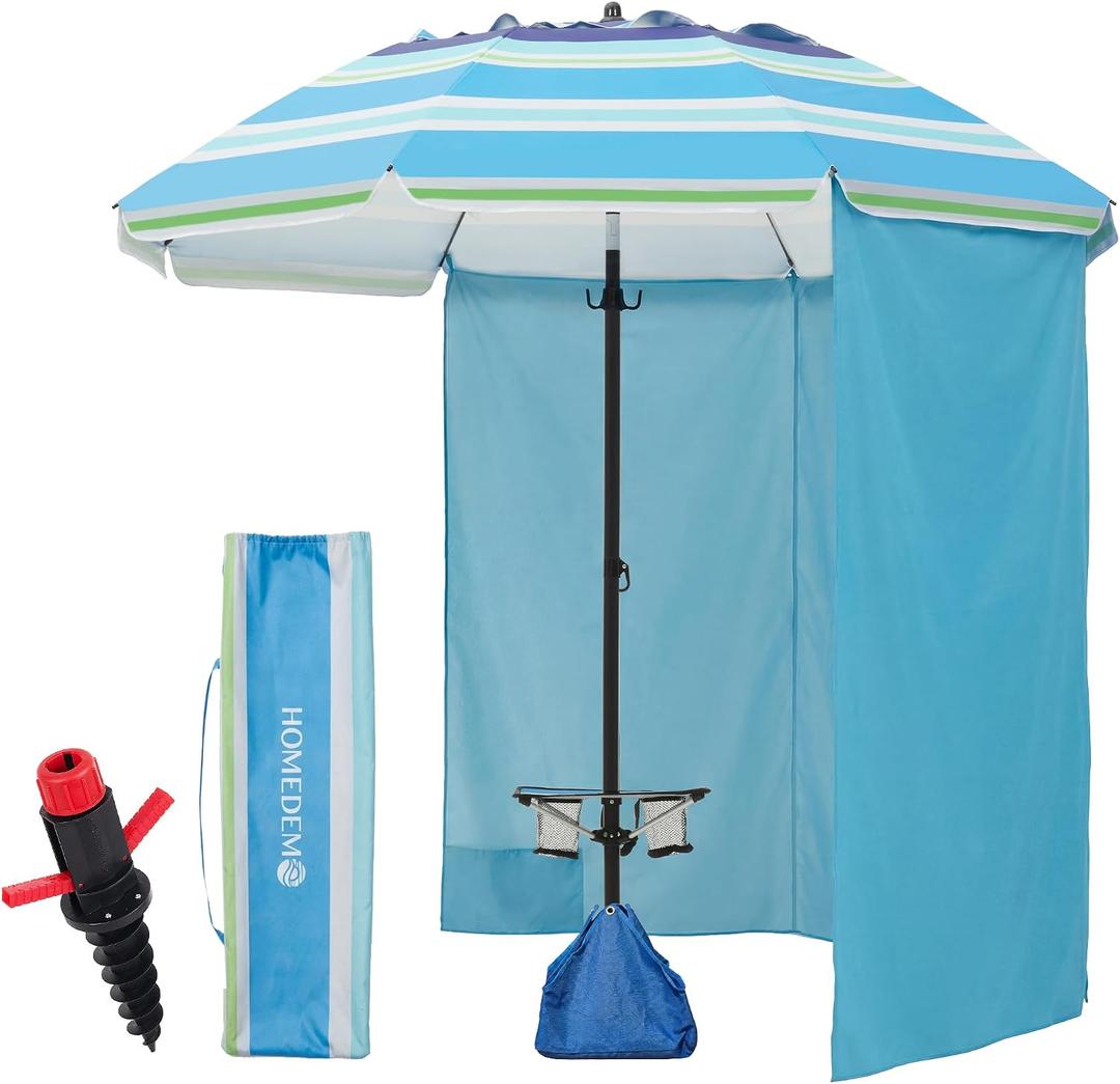 HOMEDEMO 8FT Large Beach Umbrella with Weight Bag & Sand Anchor, Outdoor Umbrellas with Adjustable Aluminum Pole and Table, Heavy Duty Windproof & UPF 50+