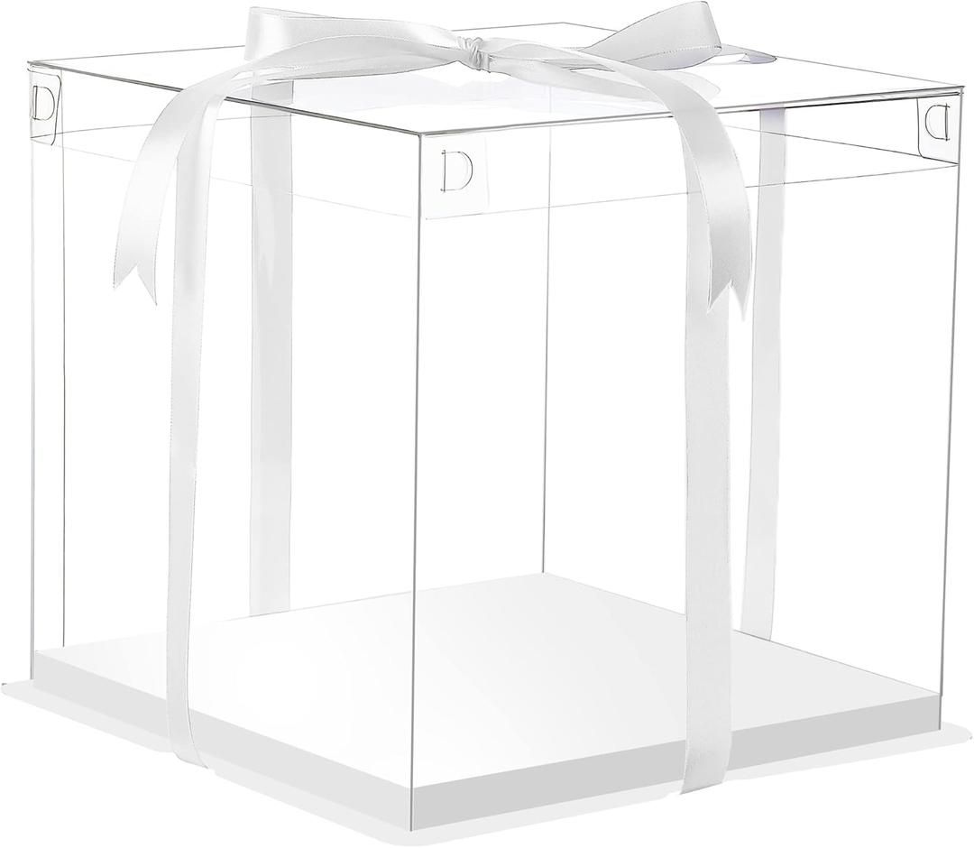 XININSUN 6Pcs Tall Cake Boxes Clear cake Box with Ribbon, 12x12x 10inch,Ideal for Large 10" and 12" Inch Tall Layer Tiered Cakes and Clear Gift Boxes for Wedding Party and Gift Display - White