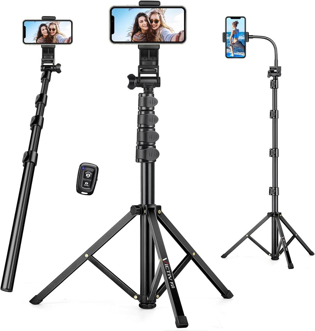 74" Flexible Phone Tripod, Tall Cell Phone Tripod with Adjustable Gooseneck & Remote, Portable Camera Cellphone Stand for Video Recording, Compatible with iPhone Android (Black)