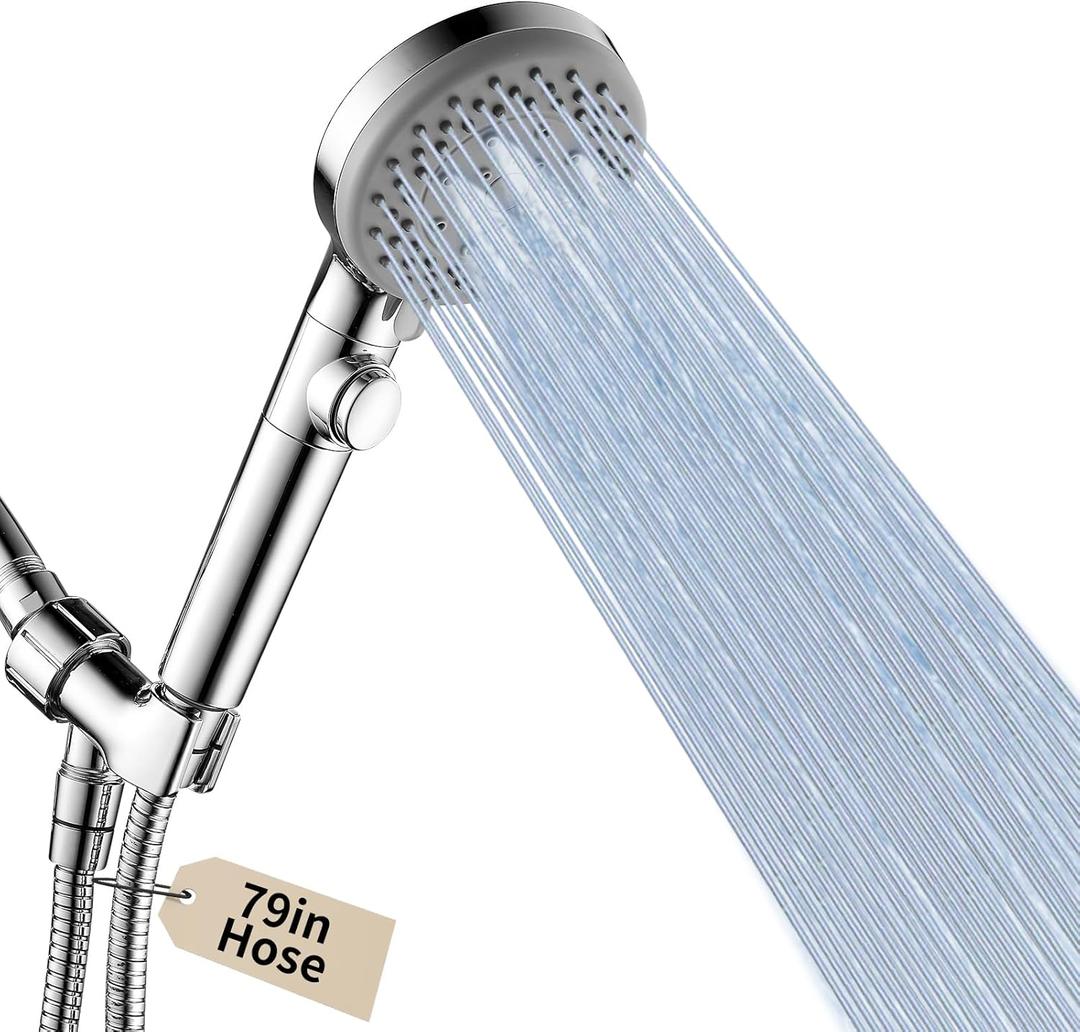 DOILIESE Handheld Shower Head with 79" Extra Long Hose 7 Modes High Pressure Shower Head with On Off Switch Button and Powerful Wash Modes for Pets Bath, Chrome