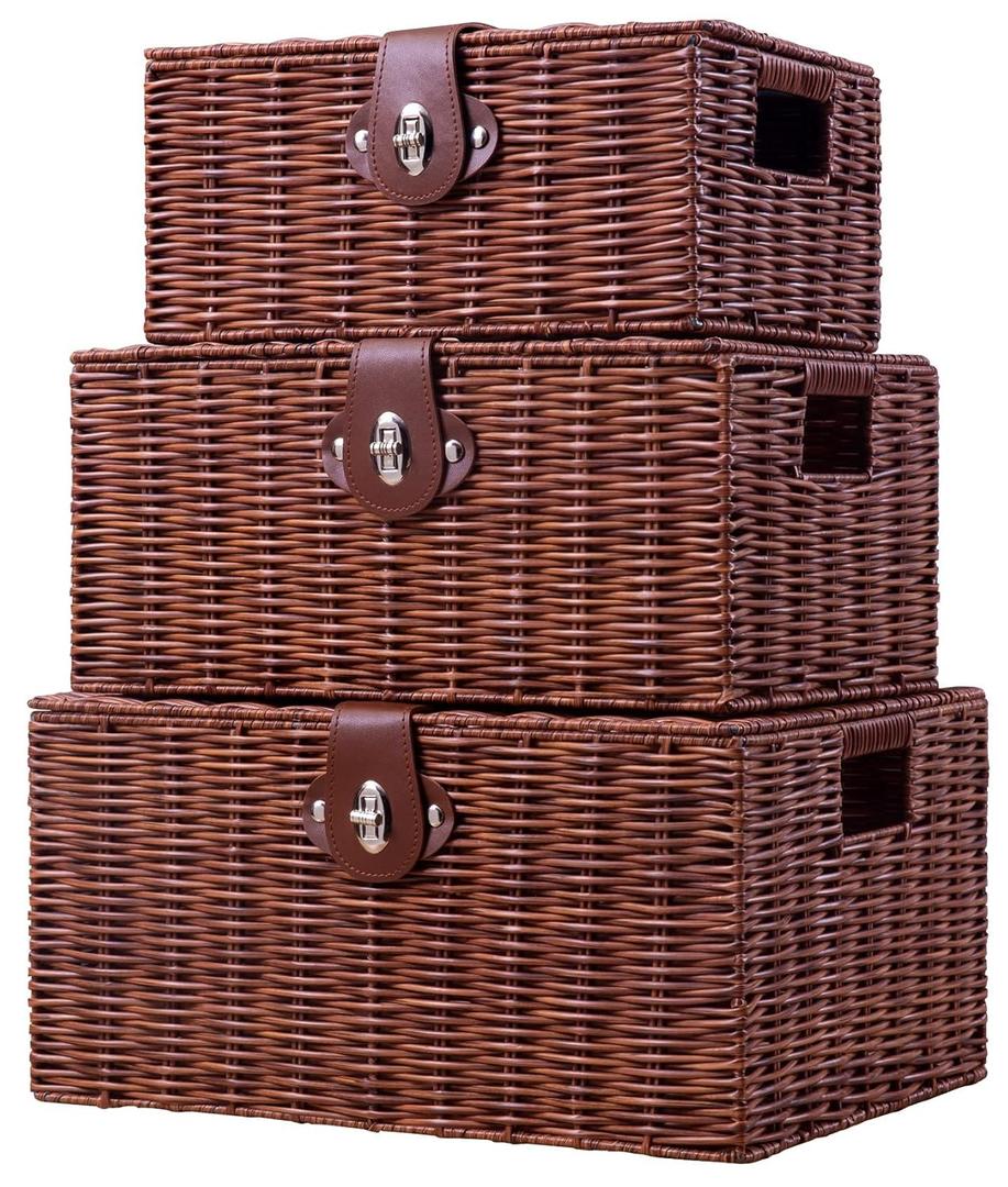 Set of 3 Woven Wicker Storage Basket Box with Lid & Lock, Built-in Carry Handles, Multifunctional Storage Organiser for Nursery, Baby, Clothes, Toys, Books, Large/Medium/Small Size (Natural)
