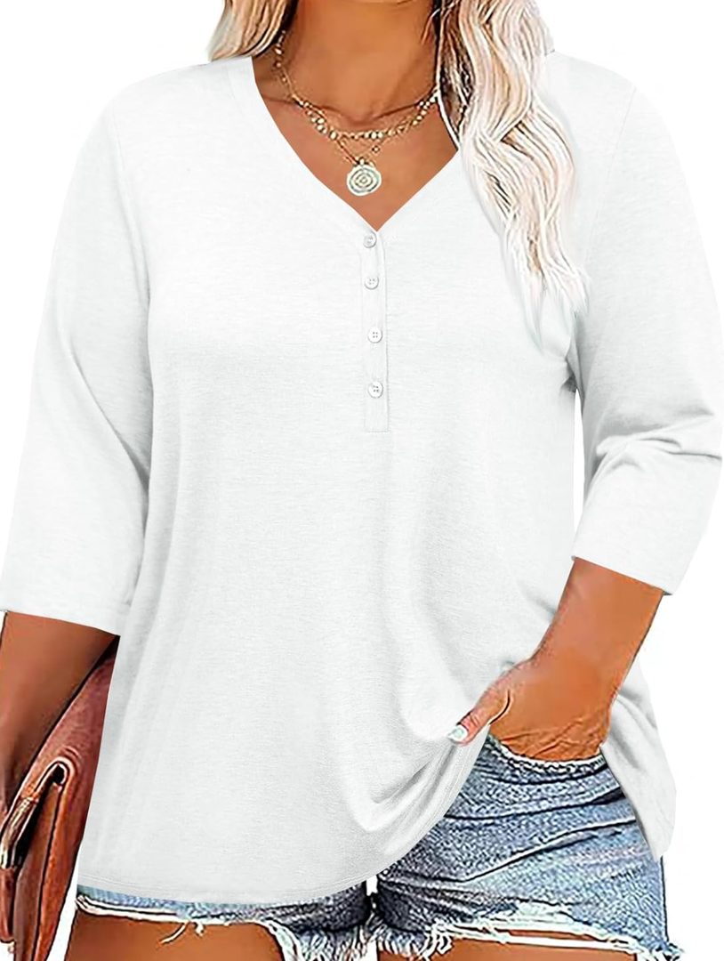 Tankaneo Women Plus Size Tops V Neck 3/4 Sleeve Casual T Shirts Loose Basic Tunic Tees XL