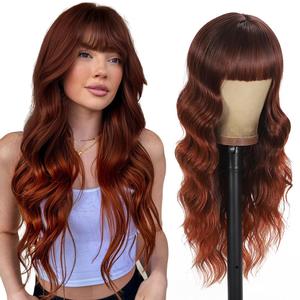 Auburn Wig with Bangs Long Curly wavy Wigs for Women Natural Reddish Brown with Black root Synthetic wig for Daily Party Use 26IN