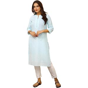 ladyline Womens Cotton Chikankari Tunic Kurti Top Lucknowi Embroidered Henley Neck Show Buttons Kurta, Size 38