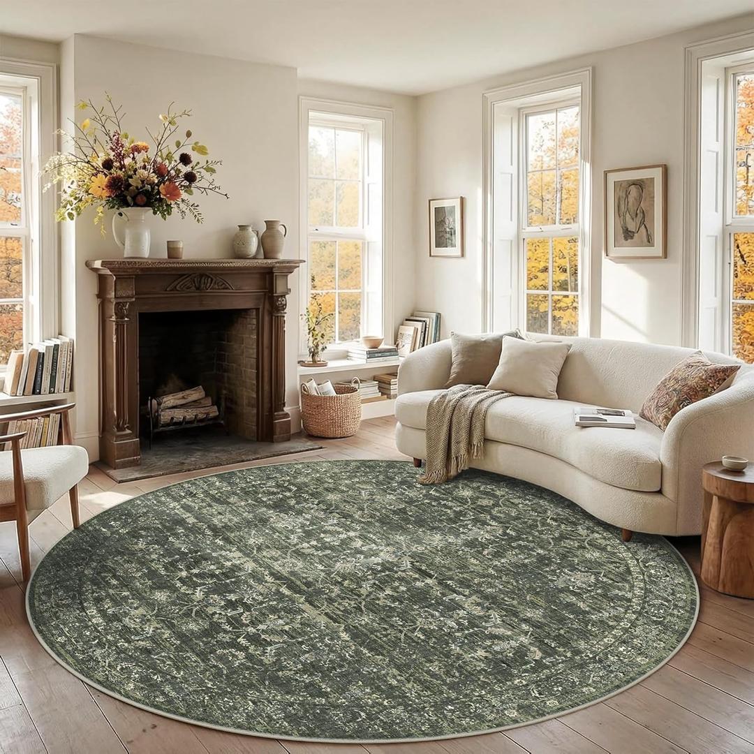 8ft Green Round Washable Area Rug for Living Room Vintage Boho Non Slip Circle 8x8 Large Rug Distressed Floral Carpet Indoor Retro Soft Low Pile Farmhouse Throw Rug for Bedroom Nursery Office
