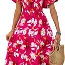 Summer Bright Floral Dress for Women 2025 - Versatile Square Neck or Off-Shoulder with Puff Sleeve for Casual, Beach (Pink, S)