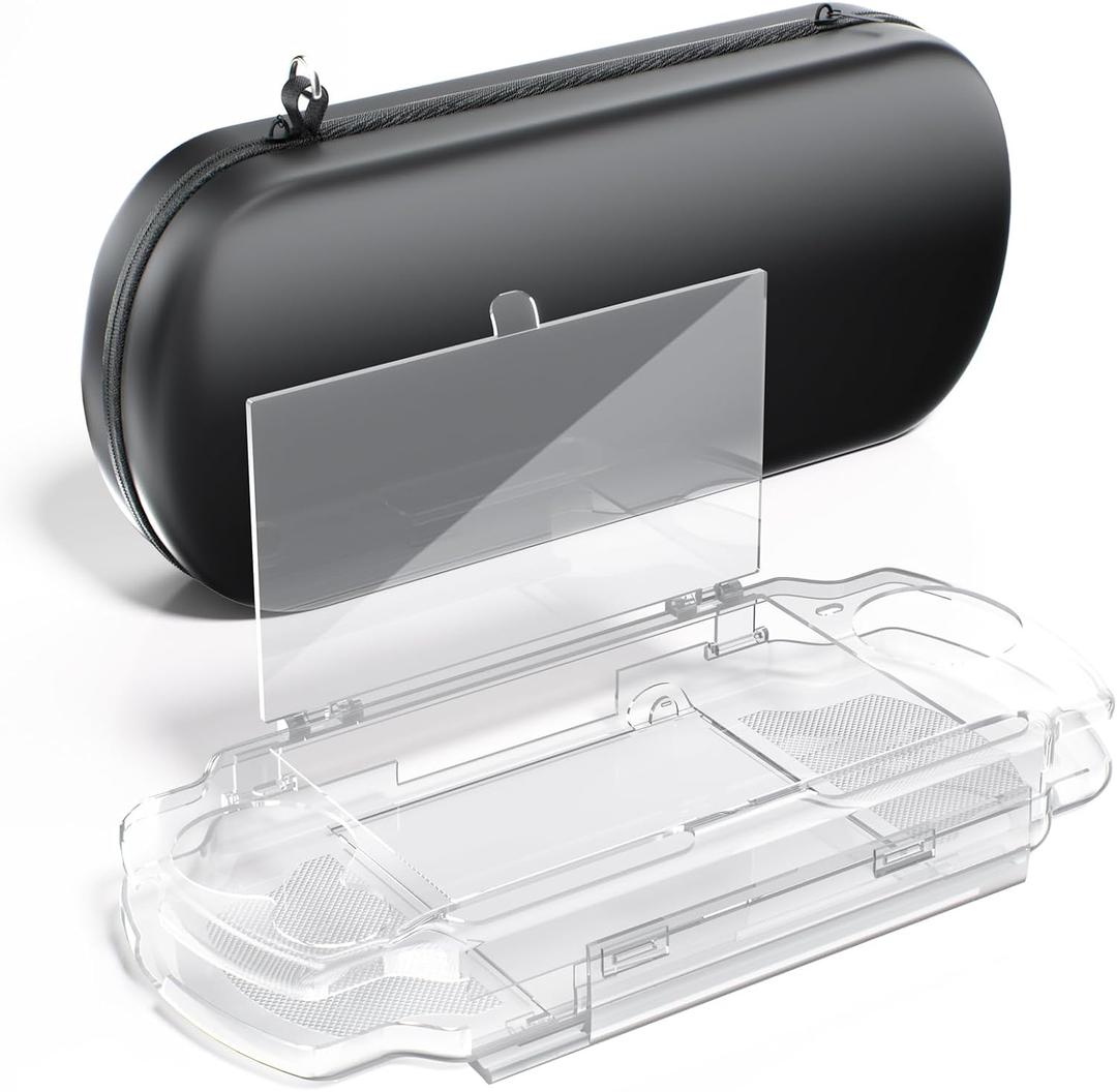 EVA Hard Storage Case for PSP 2000/3000, Portable Travel Carrying Bag with Transparent Protector Shell, Anti-Shock Interior, Wrist Strap & Double Zipper Design (Black)