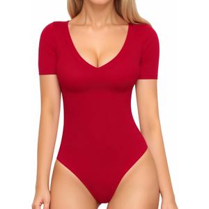 MANGOPOP Women's Long Short Sleeve Bodysuit Sexy V Neck Body Suit Fitted Going Out Tops