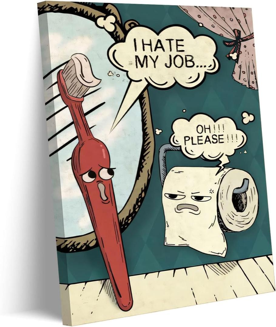 Funny Bathroom Canvas Wall Art Toothbrush And Toilet Paper Painting Picture Wall Decor Vintage Colorful Humor poster print Artwork for Bathroom Restroom Home Decoration (16L''x24W'')