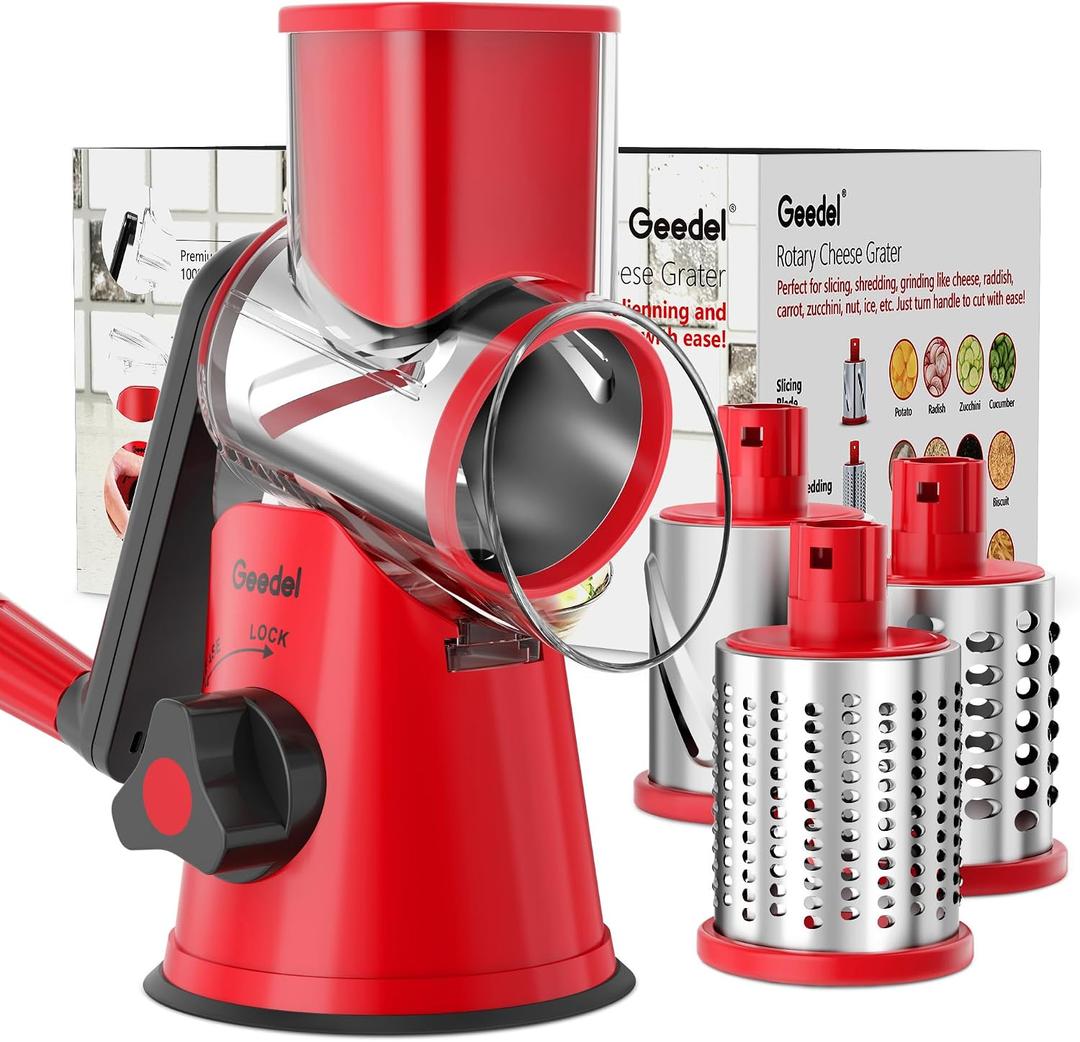 Geedel Rotary Cheese Grater, Kitchen Mandoline Vegetable Slicer with 3 Interchangeable Blades, Easy to Clean Grater for Fruit, Vegetables, Nuts