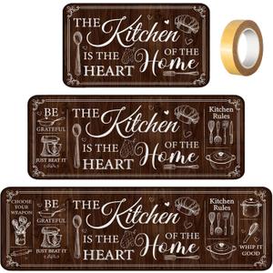 Sets of 3 Brown Kitchen Rugs and Mats Retro Brown Kitchen Rugs Non Slip Washable Door Mats for Floor Home Bathroom Cabin Farmhouse Decor