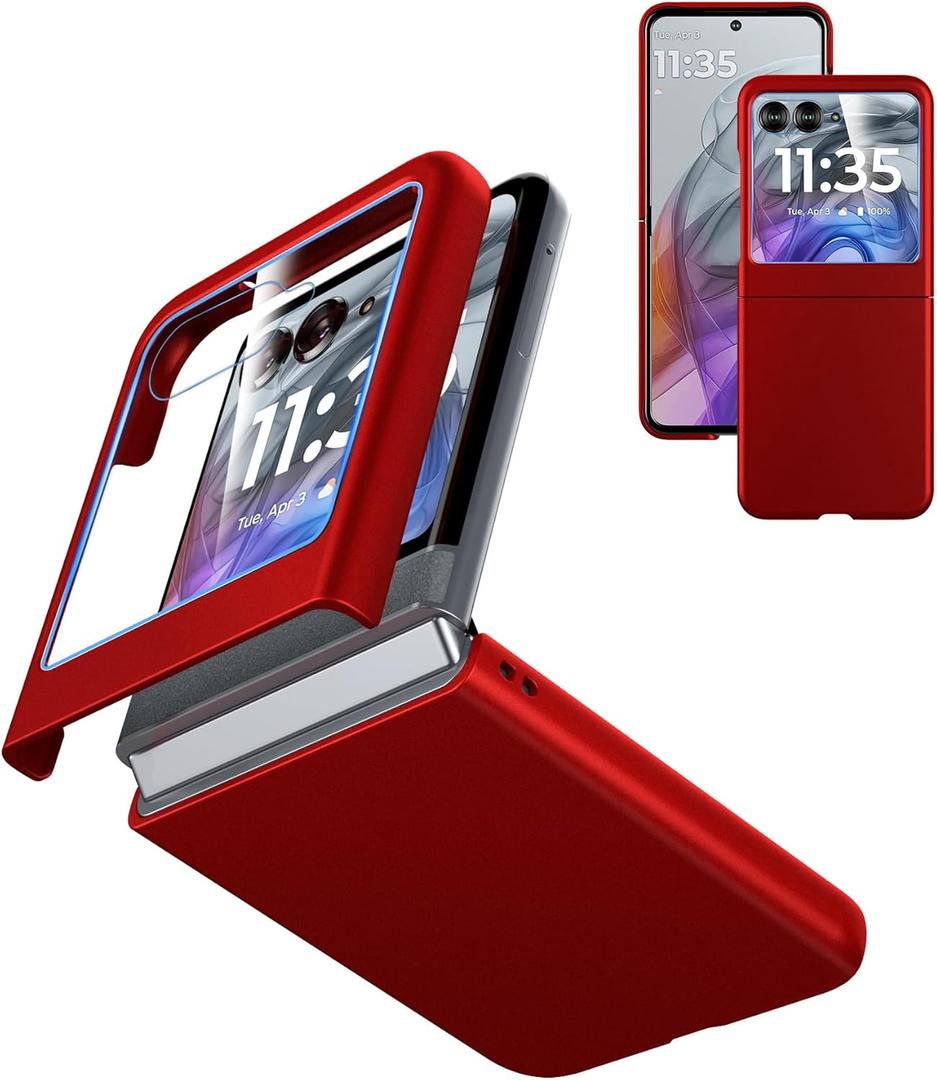 Case for Motorola Razr 2024/2025 - with Built-in Cover Screen Protector, Thin Hard Matte Polycarbonate Cover Phone Case for Moto Razr 2024/2025 - Red+Glass