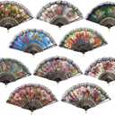 HUNANBANG 1 Dozen 12 Pieces Folding Hand Fans Church Wedding Gift, Party Favors, DIY Decoration Gift Size9 Adults Only Wholesale 12pack (Spanish 12 Pack) (Flower)