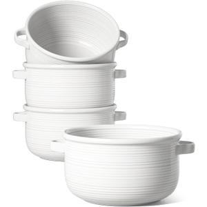 LE TAUCI Soup Bowls with Handles - 28 oz Lead-Free Ceramic French Onion Crocks, Oven and Microwave Safe, Heat-Resistant Design, Stackable, Dishwasher Safe, Set of 4, White