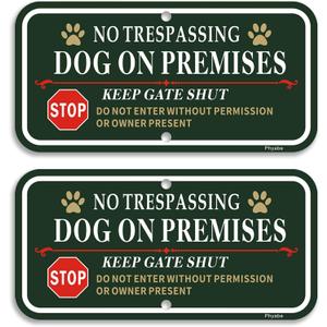 2 Pack No Trespassing Dog On Premises Keep Gate Shut Sign, 12 x 6 inch Rust Free Aluminum Dog Sign, Weather Resistant, Waterproof, Durable Ink, Easy to Install
