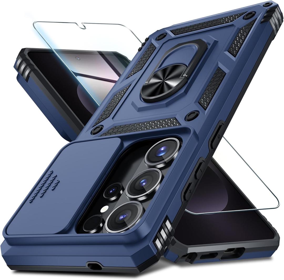 Janmitta Compatible with Samsung Galaxy S26 Ultra Case Built in Slide Camera Lens Cover+Screen Protector+Finger Ring Holder Kickstand,Heavy Duty Shockproof Full Body Phone Cover,2026 Blue