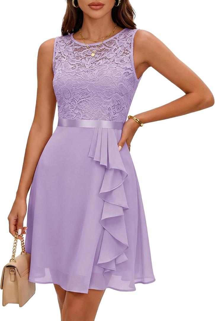 BeryLove Formal Cocktail Dresses Bridesmaid Wedding Guest Short Prom Dress Ruffle Hem Sleeveless Homecoming Lace Gowns, M